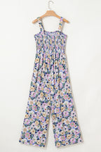 Purple Floral Square Neckline Stretch High Waist Jumpsuit