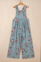 Beau Blue Floral Print Pleated High Waist Wide Leg Denim Jumpsuit