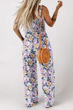 Purple Floral Square Neckline Stretch High Waist Jumpsuit