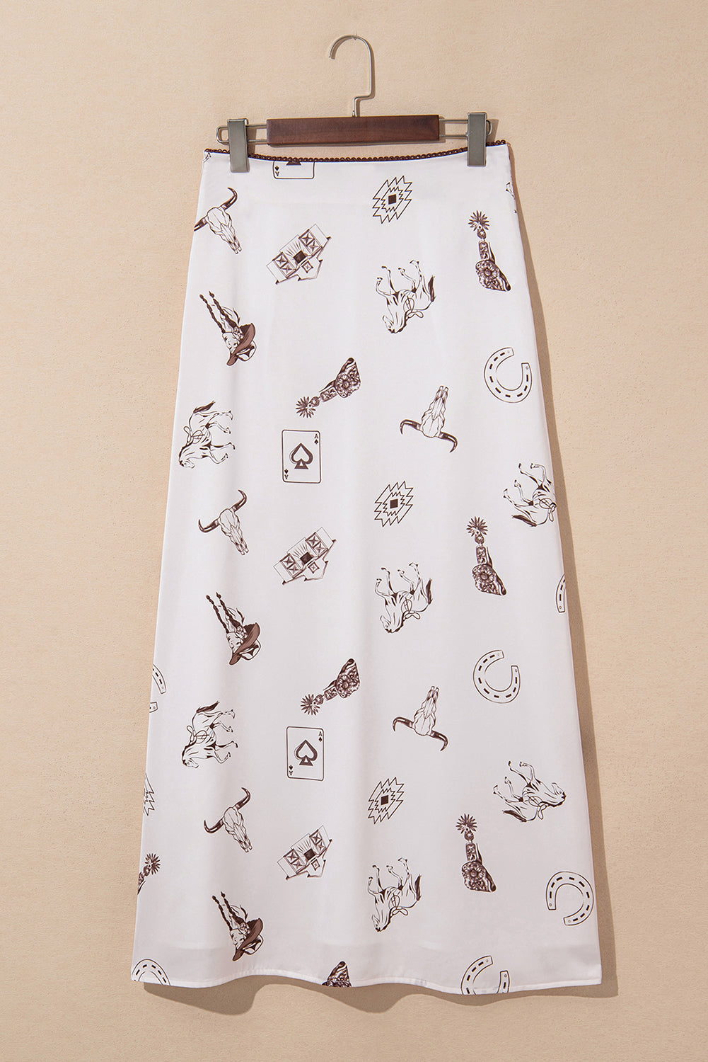 Beige Vintage Print Satin Maxi Skirt