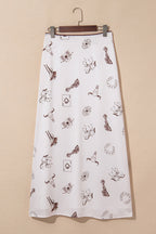Beige Vintage Print Satin Maxi Skirt