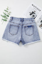 Beau Blue Pearl Studded Pocket Raw Hem Denim Shorts