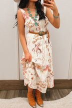 White Western Horseshoes Printed U Neck Sleevless Smocked Bodice Shift Midi Dress