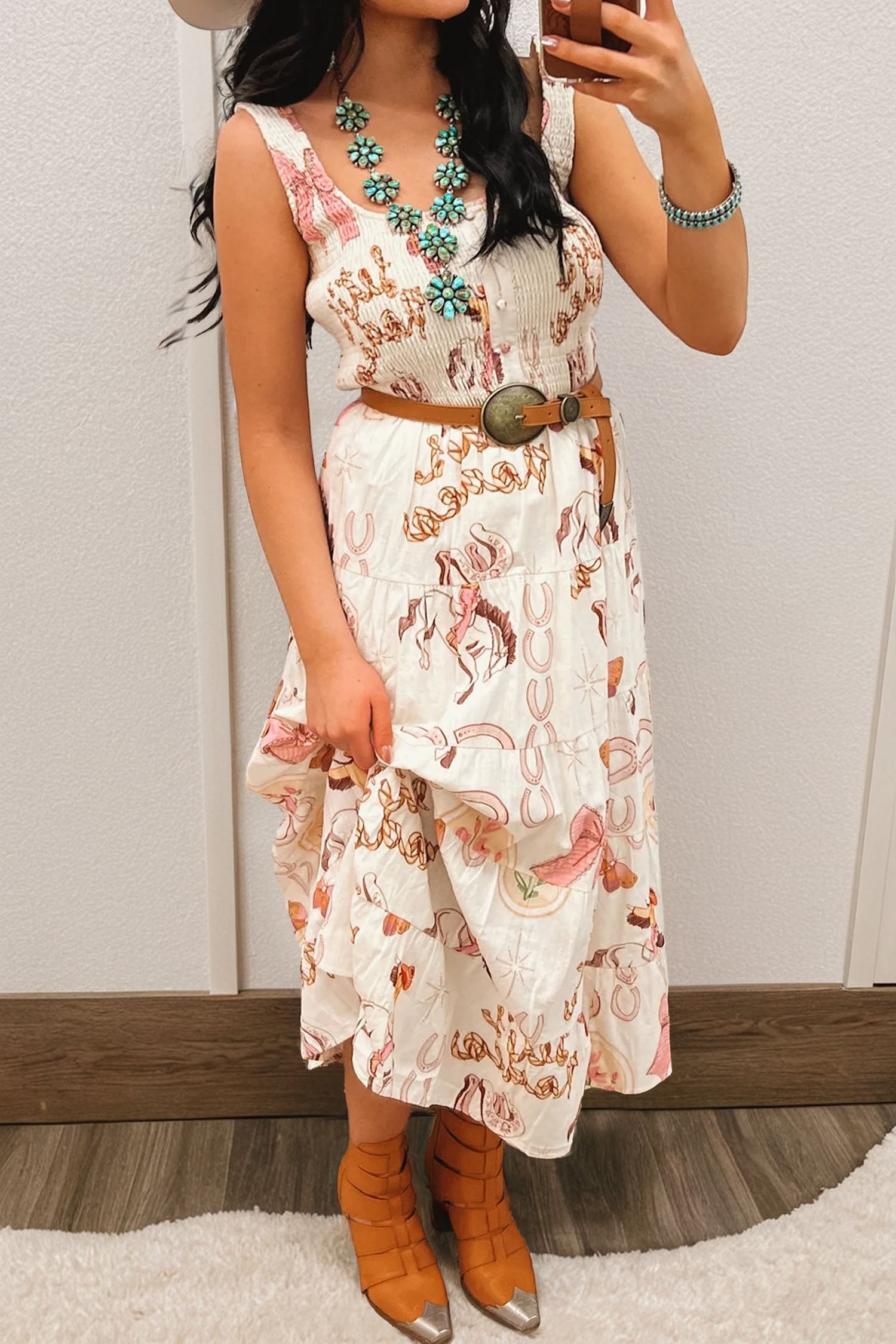 White Western Horseshoes Printed U Neck Sleevless Smocked Bodice Shift Midi Dress