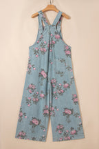 Beau Blue Floral Print Pleated High Waist Wide Leg Denim Jumpsuit