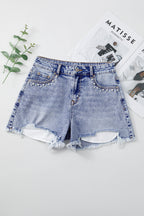 Beau Blue Pearl Studded Pocket Raw Hem Denim Shorts