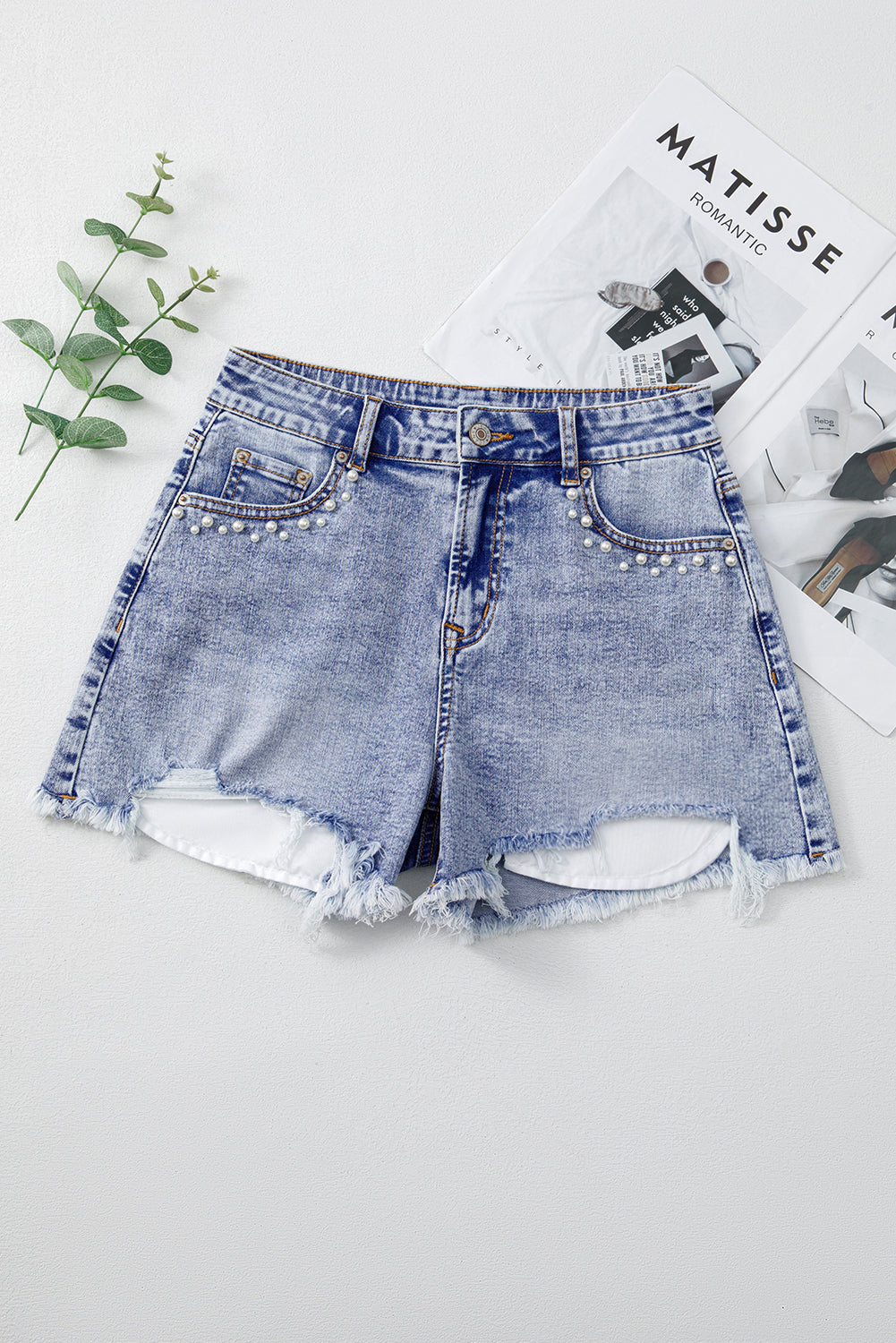 Beau Blue Pearl Studded Pocket Raw Hem Denim Shorts