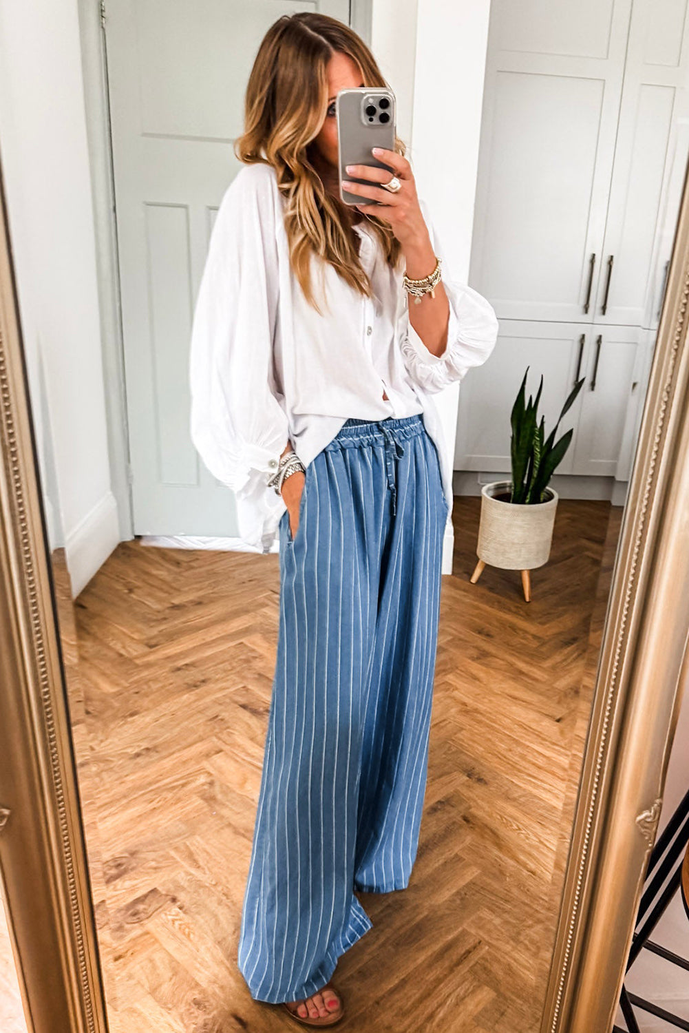 Blue Stripe Chambray Wide Leg Tied Elastic Waist Trousers