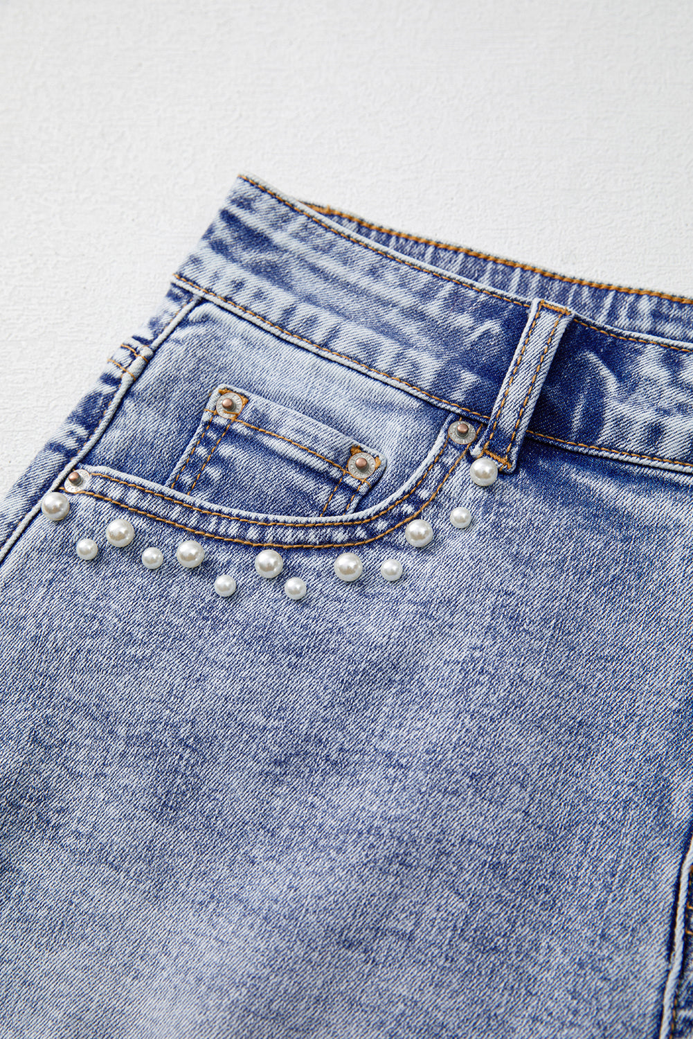 Beau Blue Pearl Studded Pocket Raw Hem Denim Shorts