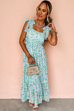 Green Floral Lace Tied Strap Empire Waist Maxi Dress