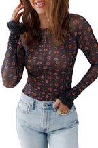 Black Floral Print Smocked Cuff Slim Fit Mesh Bodysuit