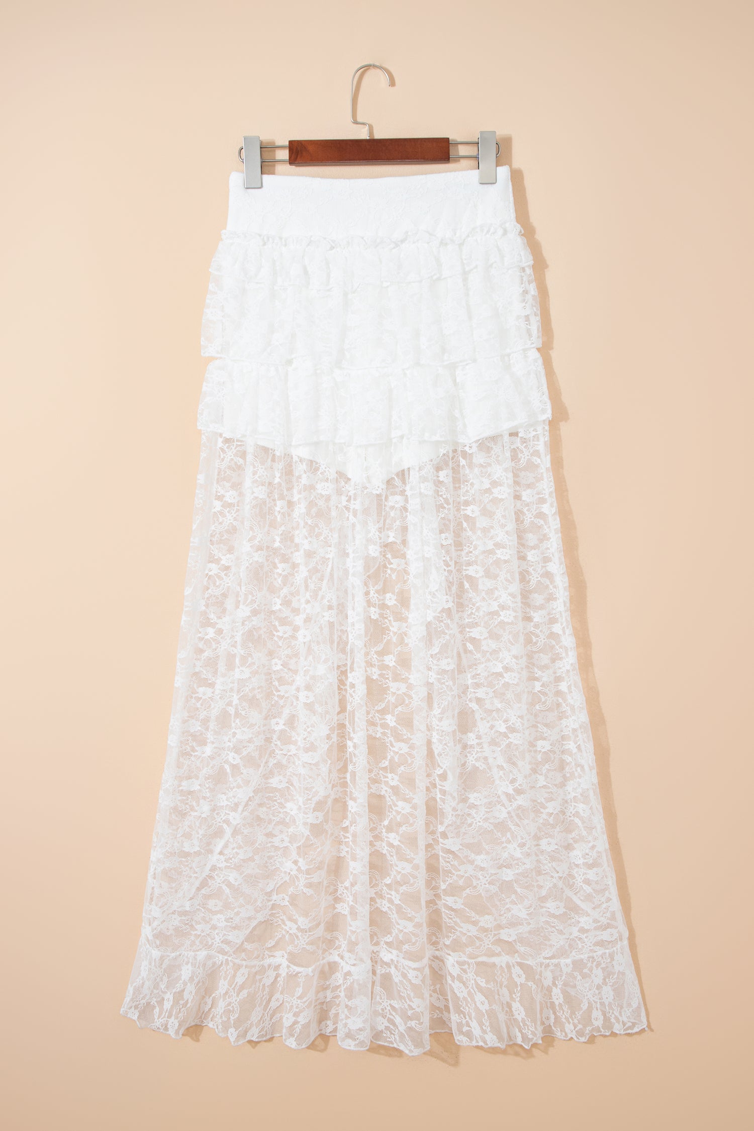 White Sheer Lace Frilly Ruffles High Low Long Skirt