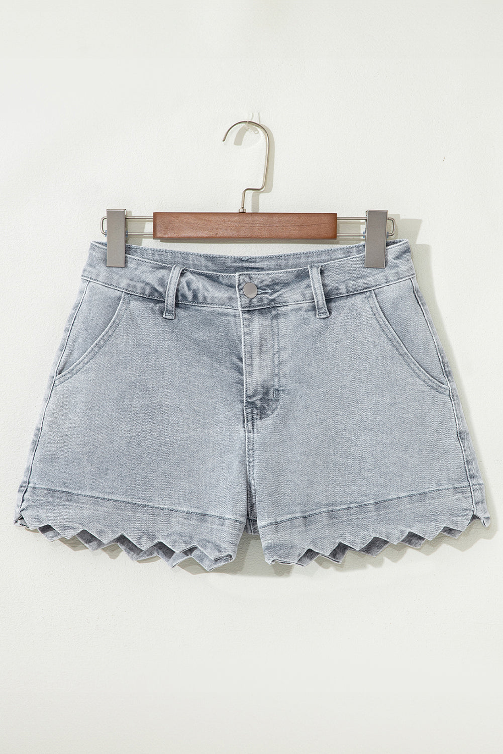 Dusk Blue Scalloped Hemline Light Wash Denim Shorts