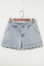 Dusk Blue Scalloped Hemline Light Wash Denim Shorts