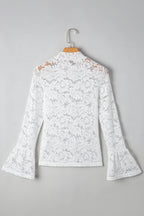White Lace Crochet Bell Sleeve Mock Neck Blouse