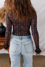 Black Floral Print Smocked Cuff Slim Fit Mesh Bodysuit