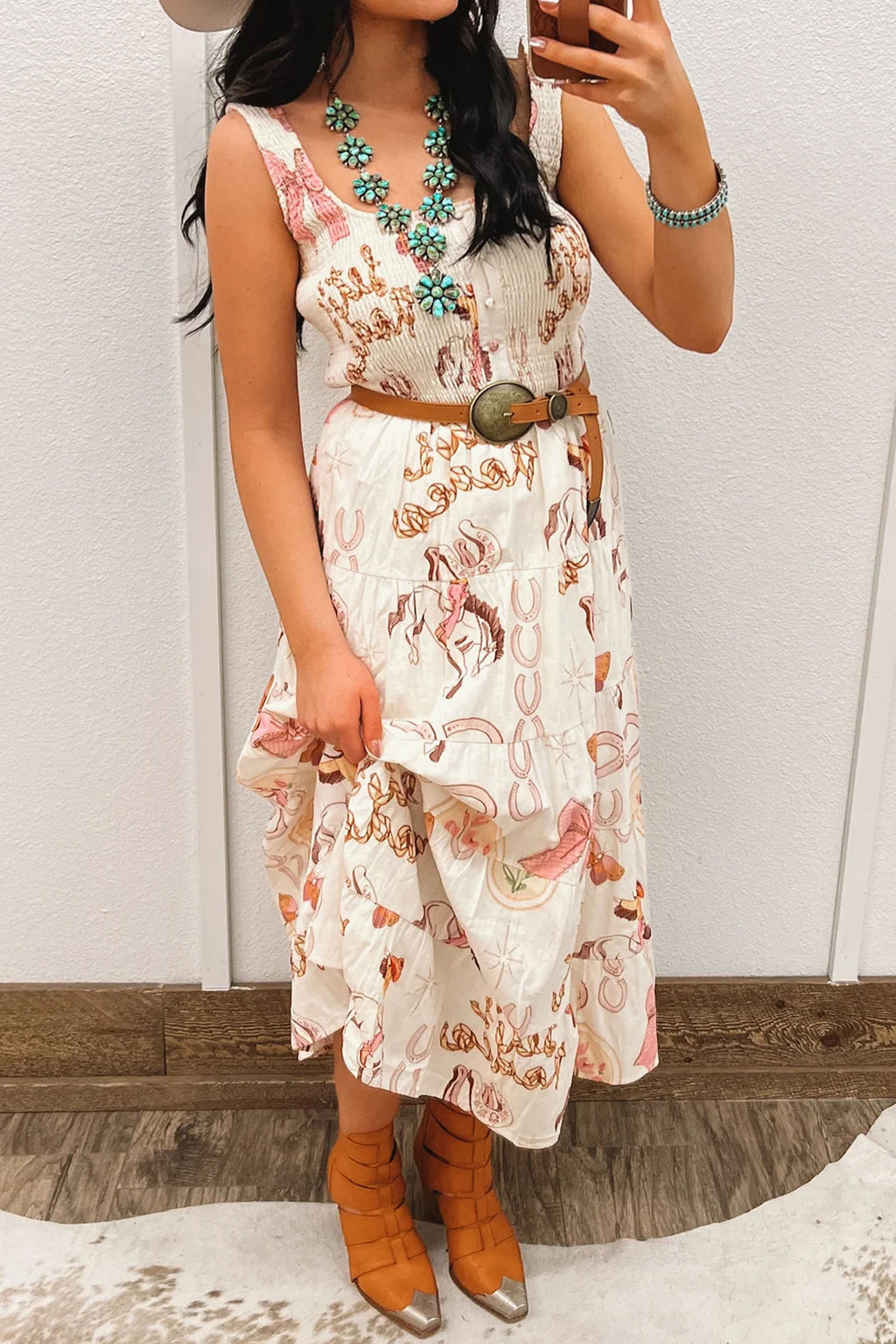 White Western Horseshoes Printed U Neck Sleevless Smocked Bodice Shift Midi Dress