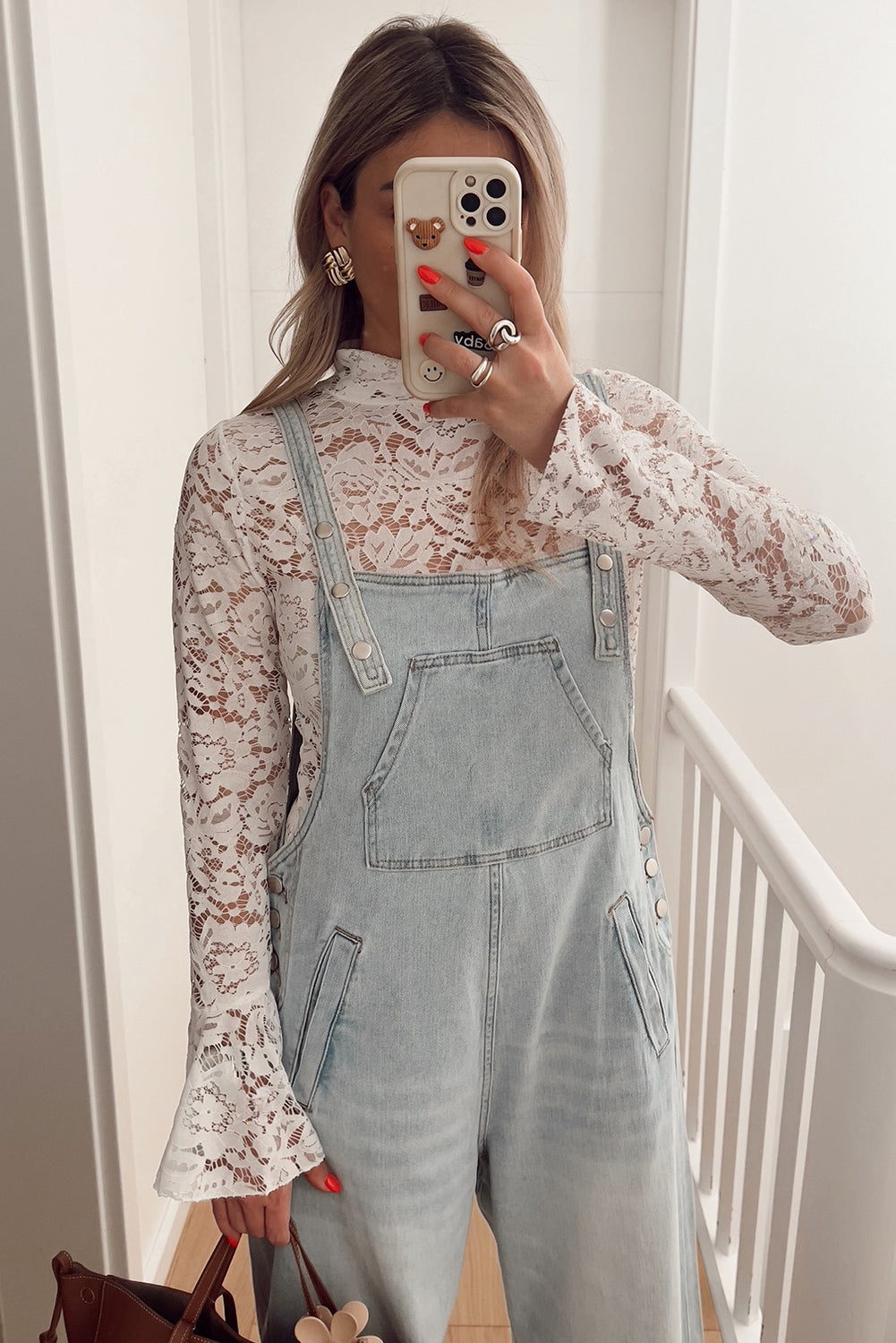 White Lace Crochet Bell Sleeve Mock Neck Blouse