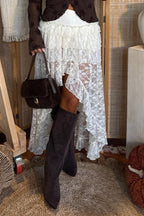 White Sheer Lace Frilly Ruffles High Low Long Skirt