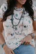 Beige Cactus Print Crew Neck Short Sleeve Top