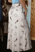 Beige Vintage Print Satin Maxi Skirt
