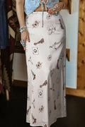 Beige Vintage Print Satin Maxi Skirt