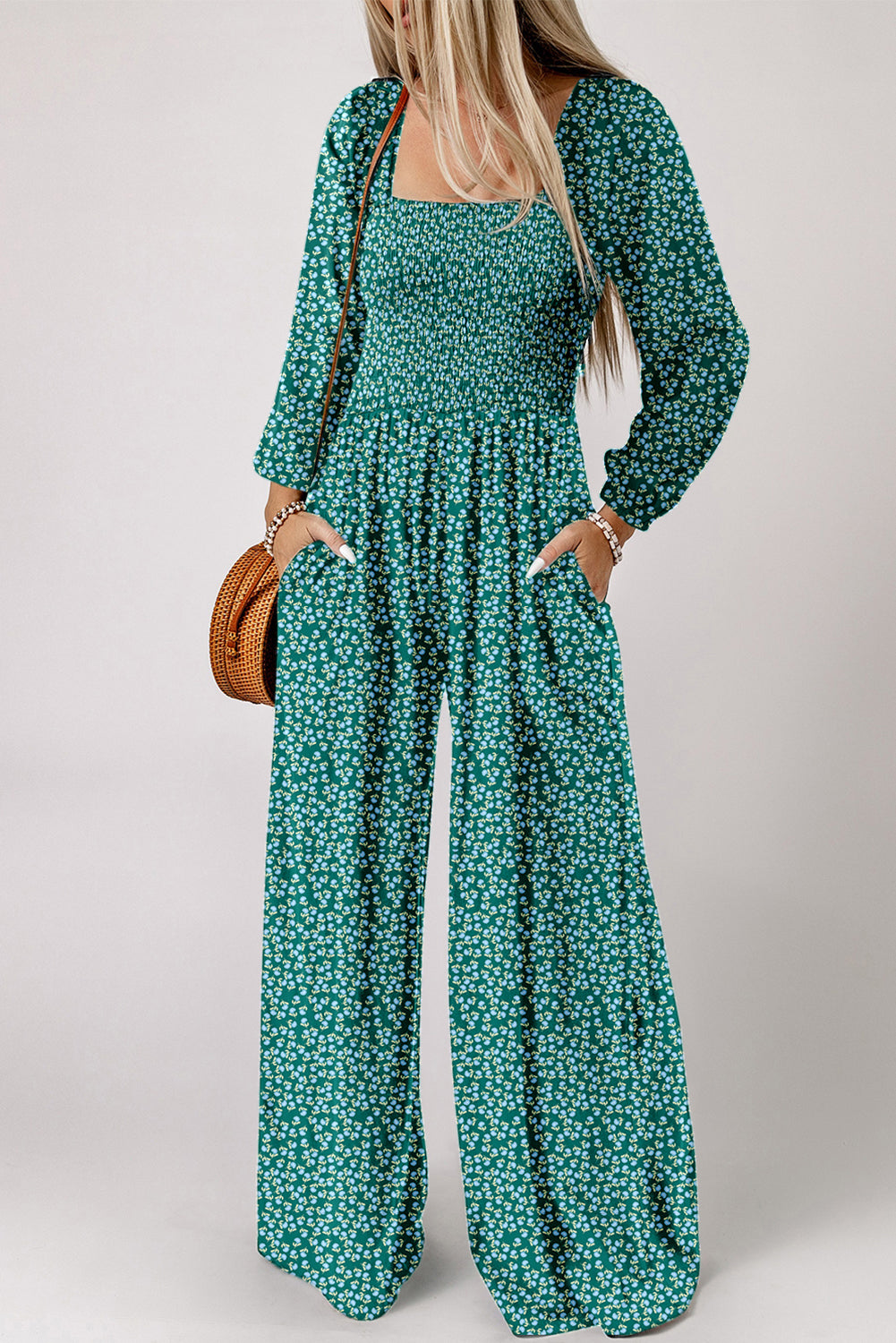 Green Floral Print Shirred Bodice Square Neck Wide Leg Jumpsuit