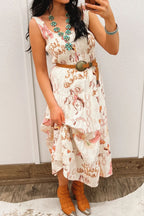 White Western Horseshoes Printed U Neck Sleevless Smocked Bodice Shift Midi Dress