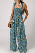 Green Floral Square Neckline Stretch High Waist Jumpsuit