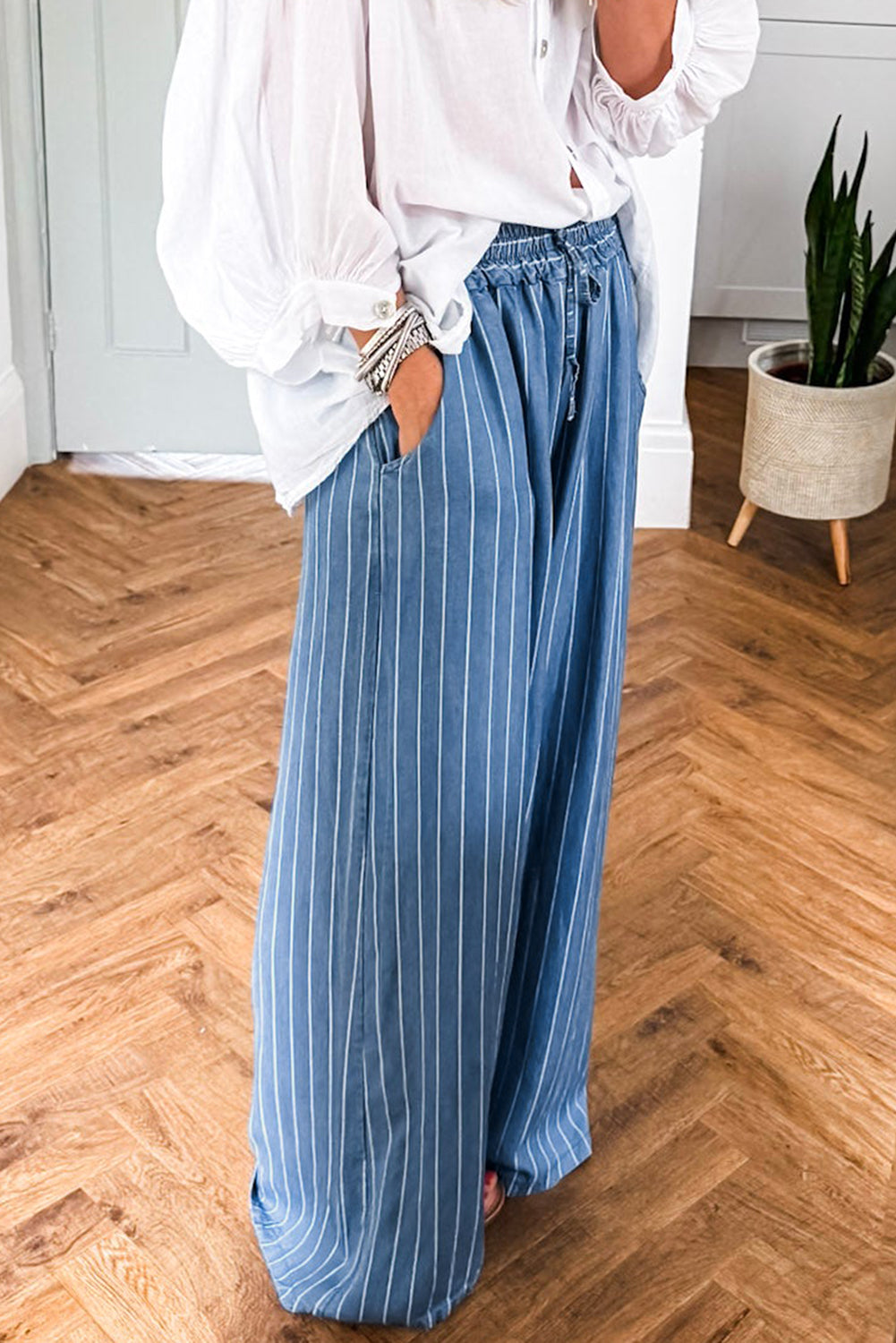 Blue Stripe Chambray Wide Leg Tied Elastic Waist Trousers