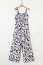 Purple Floral Square Neckline Stretch High Waist Jumpsuit