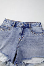 Beau Blue Pearl Studded Pocket Raw Hem Denim Shorts