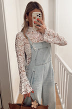 White Lace Crochet Bell Sleeve Mock Neck Blouse