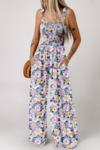 Purple Floral Square Neckline Stretch High Waist Jumpsuit