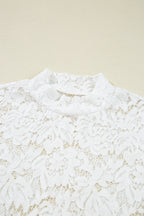 White Lace Crochet Bell Sleeve Mock Neck Blouse