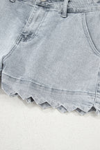 Dusk Blue Scalloped Hemline Light Wash Denim Shorts