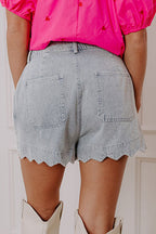 Dusk Blue Scalloped Hemline Light Wash Denim Shorts